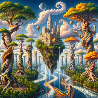 The primary subject of the image is a painting of a castle on a floating island, surrounded by trees and water. The setting is a fantasy world with a castle in the sky, and the visual style is a digital art or illustration. The colors and mood of the painting are vibrant and whimsical, creating a sense of wonder and imagination.